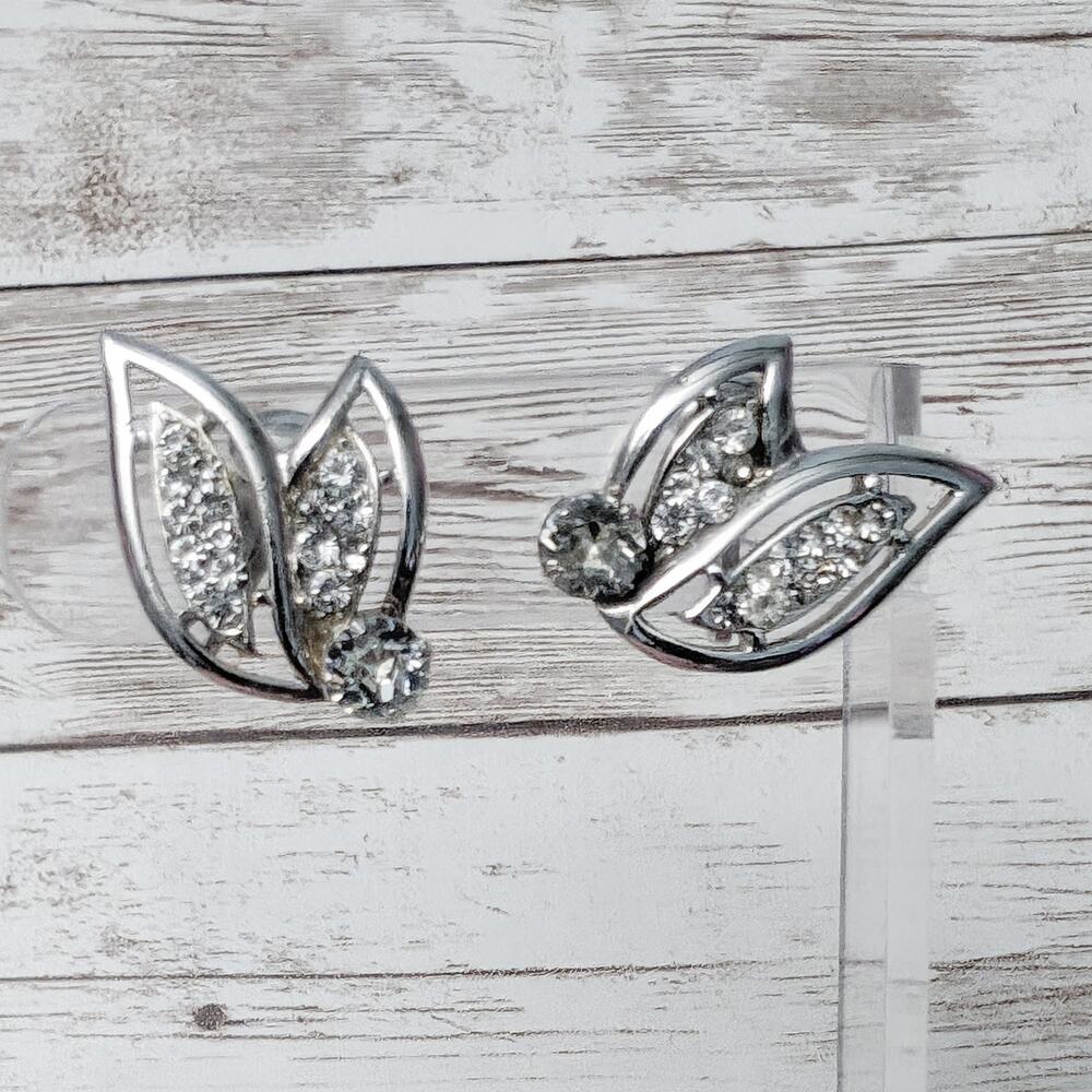 Vintage Clip On Earrings Silver Tone Leaves with Clear Gems